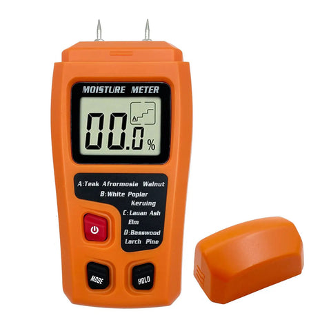 Pro Grade Wood Moisture Meter Digital Humidity Tester For Timber With Four Modes A And B Teak Walnut Afrormosia White Poplar Large LCD Display Orange Case Delivers 0 To 99.9 Percent Moisture Reading With Less Than 0.5 Percent Accuracy on display