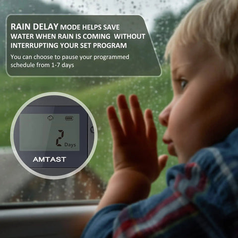 Child looking out window with rain delay display for Programmable Sprinkler Timer For Garden Hose Faucet With Rain Delay