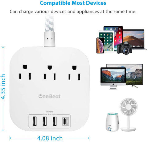 10 Foot Long Power Strip With 3 Outlets And 4 USB Ports USB A And USB C Flat Plug ETL Listed Non Surge Protector front view