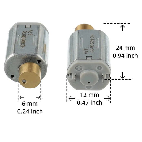 Tiny DC Vibration Motor Set 3V 8000 RPM Two Pack Pocket Size Micro Vibrating Motors shown with dimensions.