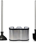 Heavy Duty Stainless Steel Toilet Bowl Brush And Plunger Set With Freestanding Bathroom Canister Killer 2 In 1 Space Saving Cleaner Setup that includes a brush and plunger.