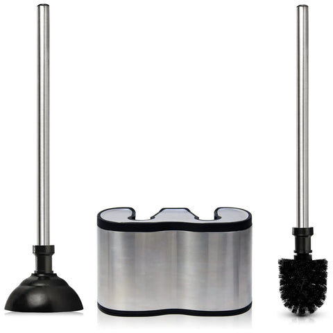 Heavy Duty Stainless Steel Toilet Bowl Brush And Plunger Set With Freestanding Bathroom Canister Killer 2 In 1 Space Saving Cleaner Setup that includes a brush and plunger.