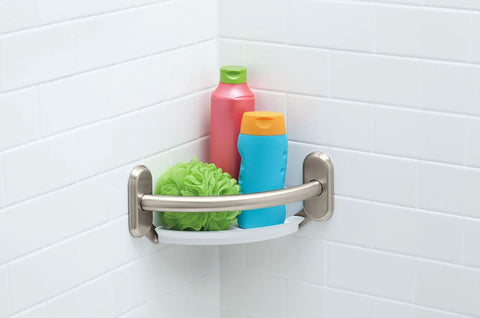 9 Inch Curved Bathroom Grab Bar With Integrated Corner Shelf In Brushed Nickel Heavy Duty Support Up To 500 Lbs Easy Install With Secure Mount Great For Walk In Showers And Accessible Bathrooms displaying toiletries