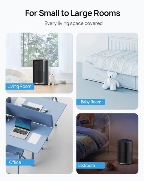 Replacement 3-In-1 Filter For Macro Pro Air Purifier in various home settings, living room, baby room, office, bedroom.
