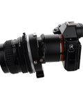 Pro Tilt Shift Lens Mount Adapter For Pentax 6x7 Lenses To Sony E Mount Cameras Infinity Focus Enabled 20mm Total Shift 10 Degrees Tilt 360 Degree Rotation High Precision Build For Professional Shooters, side view mounted