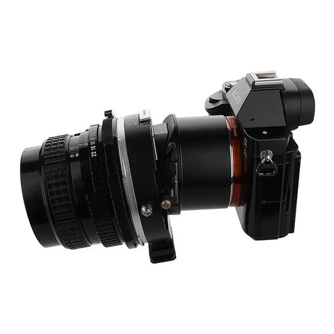 Pro Tilt Shift Lens Mount Adapter For Pentax 6x7 Lenses To Sony E Mount Cameras Infinity Focus Enabled 20mm Total Shift 10 Degrees Tilt 360 Degree Rotation High Precision Build For Professional Shooters, side view mounted