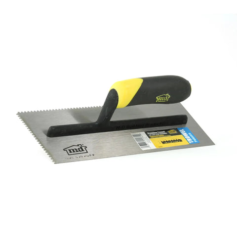 Stainless Steel Flat V Notch Trowel With Pro Grade Ergonomic Black And Yellow Handle For Spreading Mortar On Floors And Walls Eleven Inch Blade