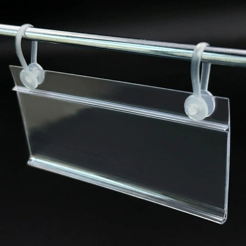 100 Pack Plastic Wire Shelf Label Holders 4 By 2.3 Inches Clear Price Tag Holder with Double Snap Lock displayed on rod