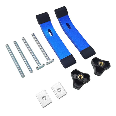 Solid Blue Aluminum T Track Hold Down Clamps For CNC Routers And Drill Presses Durable Slot Fixtures with included hardware.