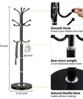 Metal Coat Rack Freestanding With Natural Marble Base, Dope Modern Black Coat Tree Stand With 12 Hooks For Entryway
