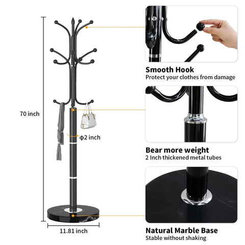 Metal Coat Rack Freestanding With Natural Marble Base, Dope Modern Black Coat Tree Stand With 12 Hooks For Entryway