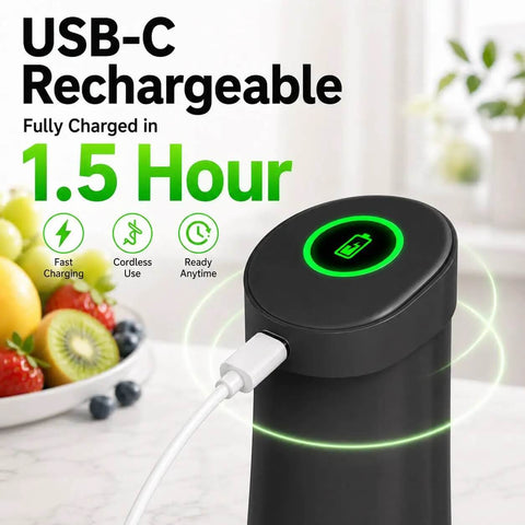 Game Changing Cordless Stick Blender With 12V Brushless Motor And Pressure Sensitive Variable Speed For No Sweat Kitchen Prep And Super Smooth Purees Easy Clean Black, USB-C charging indicator.