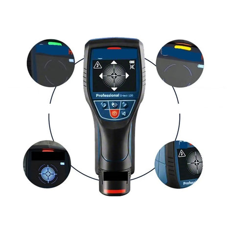 Pro Grade Stud Finder Wall Scanner And Metal Detector With Intuitive Radar Tracking, showcasing detection screen and buttons.