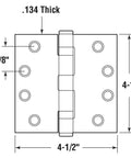 Commercial Door Hinge Pack 4-1/2 Inch Smooth Pivot With Square Corners 2 Ball Bearing Satin Brass Finish Includes Screws Heavy-Duty Gauge Steel Exterior Grade For High-Traffic Offices 3 Pack diagram with 4-1/2 in size and 0.134 in thickness