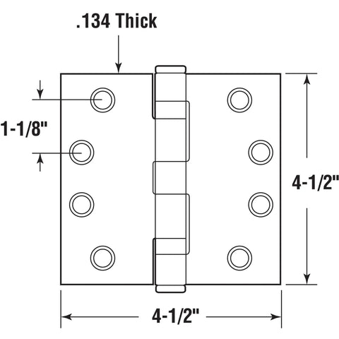 Commercial Door Hinge Pack 4-1/2 Inch Smooth Pivot With Square Corners 2 Ball Bearing Satin Brass Finish Includes Screws Heavy-Duty Gauge Steel Exterior Grade For High-Traffic Offices 3 Pack diagram with 4-1/2 in size and 0.134 in thickness