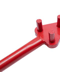 Close-up of the head of the Marshalltown Qlt Manual Rebar Bender, showing its red finish and bending pins.