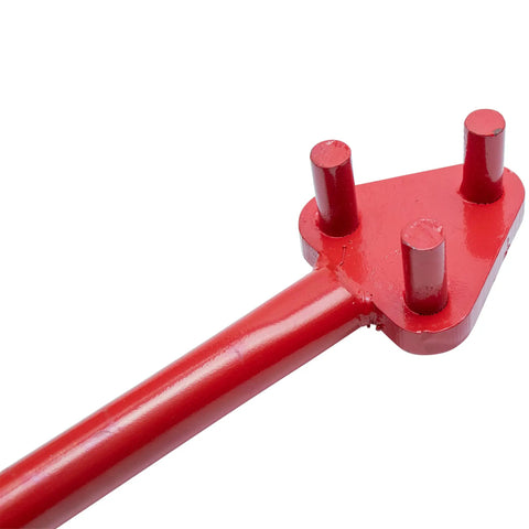 Close-up of the head of the Marshalltown Qlt Manual Rebar Bender, showing its red finish and bending pins.
