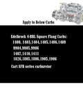 Diagram showing carburetor compatible list for Edelbrock and Carter AFB series, includes models 1406, 1407, 1477, and more.