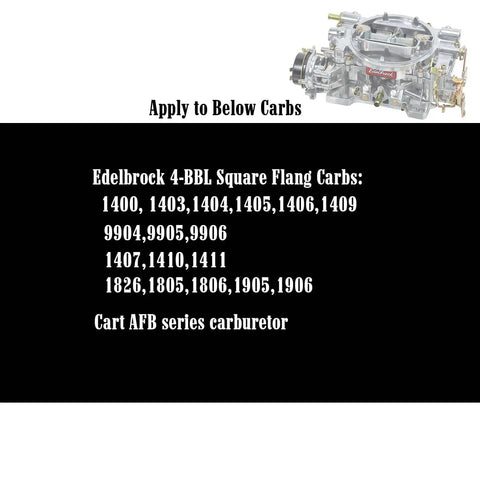 Diagram showing carburetor compatible list for Edelbrock and Carter AFB series, includes models 1406, 1407, 1477, and more.