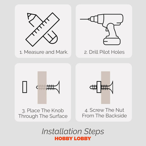 Step-by-step installation guide for floral drawer knobs: measure, drill, place knob, and secure nut.