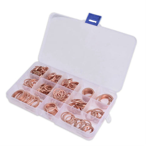 Premium Copper Washer Set 280 Pcs Solid Flat Washers Across 12 Sizes Pro Grade SAE Fit For Industrial And Electrical Projects in box
