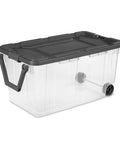 Side view of a 4 Pack Modular Stacker Box Set Of Durable Clear Plastic Storage Bins With Latching Lids 160 Quart Capacity Stackable organizer bin