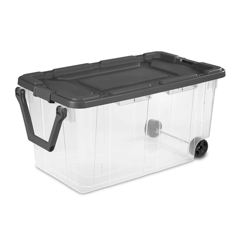 Side view of a 4 Pack Modular Stacker Box Set Of Durable Clear Plastic Storage Bins With Latching Lids 160 Quart Capacity Stackable organizer bin
