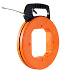 100 Foot Fiberglass Fish Tape 1/6 Inch Flexible Wire Puller For Electrical Conduit And Drywall with orange reel and black handle.