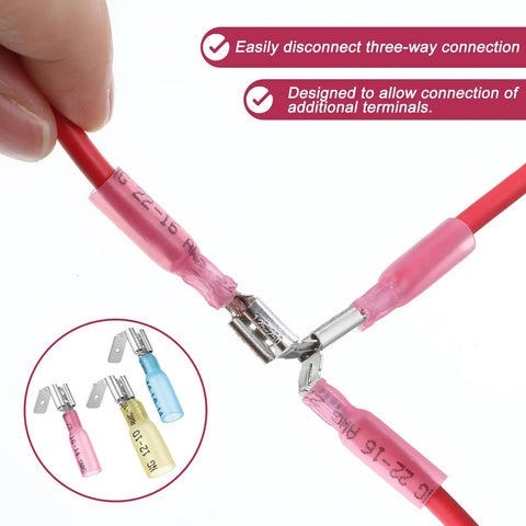 Close-up of 60Pcs Heat Shrink Piggyback Spade Connectors Kit with Red Blue Yellow Quick Disconnect Terminals for auto wiring