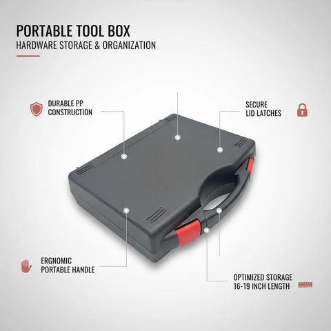 Durable Portable Plastic Tool Box for Hardware Organization with a Secure Lid and ergonomic handle in black.