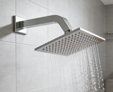 Square Shower Arm With Anti Scratch O Ring Flange, One Inch Solid Brass Pipe, Twelve Inch Wall Mount Extension shown in bathroom