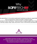 Why SafeTech Hardware introduction with details on innovative patented gate and window hardware components.