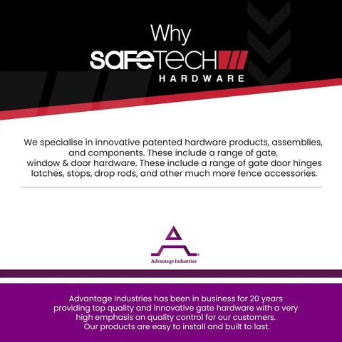 Why SafeTech Hardware introduction with details on innovative patented gate and window hardware components.