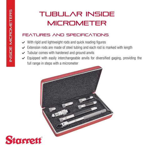 Tubular Inside Micrometer Set With Case For Quick Reading Figures, Hardened Anvils, Interchangeable Ground Tips, 1.5 To 8 In Range, 0.001 In Graduation, Heavy-Duty Tool That Delivers Fast, Accurate Internal Measurements. Open case with tubular inside micrometers