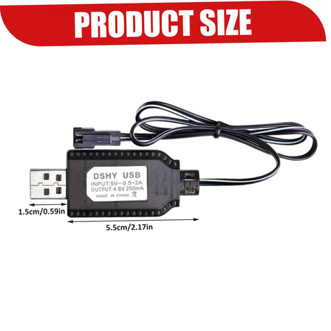 USB Battery Charger 4.8V For RC Cars With Indicator Light, black cable, product dimensions in inches visible