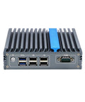 Built Like A Tank Fanless Industrial PC Featuring Intel Celeron J3710 Or J3160 showing back panel with ports and heatsink.