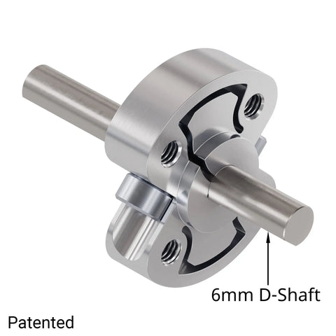 High Speed Compact Hub For 6mm D Shaft With 6mm D Bore And 16mm Through Pattern For Easy M4 Screw Attachment, Twin Pinch Bolts Deliver Tight Clamping In A Small Rugged Build, silver metal hub on 6mm D-shaft
