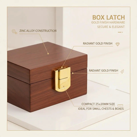 Gold Box Latch Closure For Jewelry Boxes, Craft Chests, And Small Containers, Zinc Alloy Hardware 25x20mm on wooden box