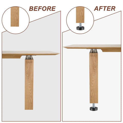 Before and after view of table leg with Heavy Duty 80 Piece M6 Threaded Furniture Leveling Feet With T Nuts Adjustable Glides.