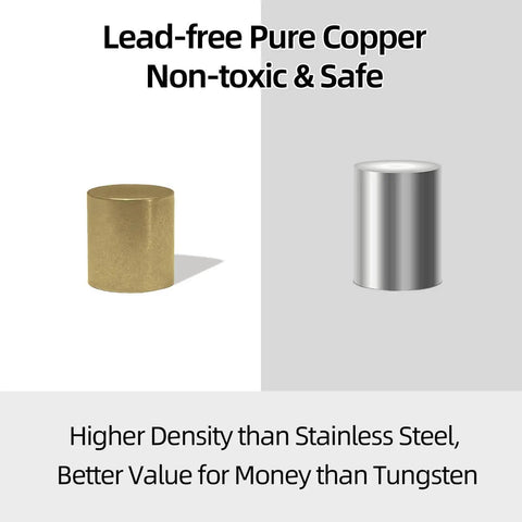 Lead-free copper weight and comparison to stainless steel in Copper Pinewood Derby Weights Kit Must Have With Three Sizes One Quarter Ounce One Eighth Ounce One Sixteenth Ounce Four Point Five Ounces Plus Graphite Powder Lubricant Anti Tarnish Coated For Derby Car Wheels And Axles.