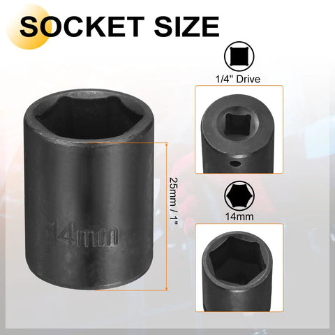 Harfington Shallow 14mm Metric Bolt Socket With Cr-V Steel Build, High Impact Durability And 1/4 Inch Drive Hex Shank Adapter For Tough Fastener Jobs In Your Garage Kit, 25mm long