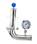 Front view of QiiMii 1.5in sanitary tri-clamp pressure relief valve, SS304, blue knob and gauge