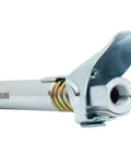 LockNLube Grease Gun Coupler XL, metal chrome finish, side view with lever and threaded nozzle