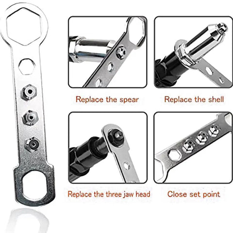 Electric Rivet Gun Attachment Kit For Drill With Four Rivet Heads 2.4mm 3.2mm 4.0mm 4.8mm shown with wrench and parts