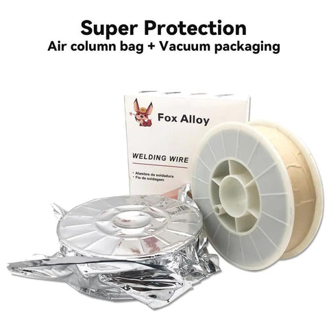 Flux Core Gasless MIG Welding Wire 0.035 Inch, 10 Lb Spool, E71T-GS Mild Steel Filler shown with vacuum packaging and spool