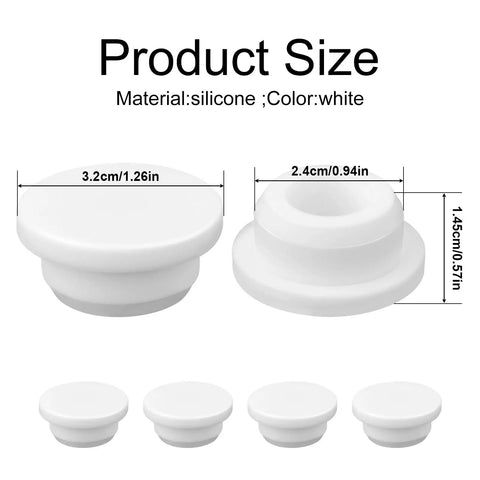 Top Shelf Rubber Sink Overflow Cover Cap 3 Pack White Silicone Drain Guard For Kitchen And Bathrooms showing sizes and dimensions.