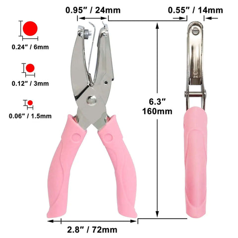 Three Piece Metal Handheld Paper Punch Set With Plastic Handle, includes 6mm, 3mm, 1.5mm hole sizes, for crafting and scrapbooking