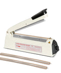 No Fuss Plug And Play Impulse Heat Sealer Featuring 8 Inch Seal Bar, with hand pressure sealing mechanism and two replacement blades.