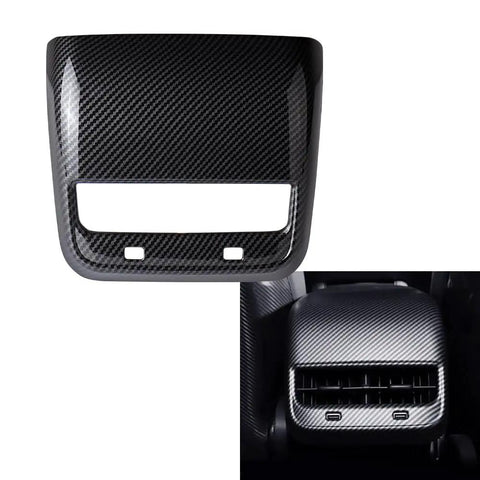 Level Up Your Tesla Ride With Slick Carbon Fiber Rear Center Console Air Vent Covers And Heavy Duty Peel Stick Trim Guards For Model 3 And Model Y Auto Interiors, showcasing detailed carbon fiber design and trim fitting.