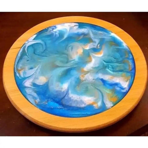 Acacia Lazy Susan With Blue Resin Art, 10 Inch Turntable With Resin Finish For Kitchen Cabinets, Pantry Or Table Organization